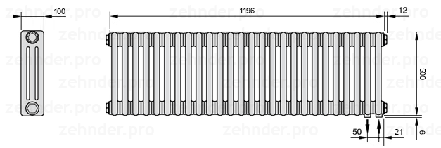 Схема (чертеж) Радиатор Zehnder Charleston 3050/26 №5510 Белый глянцевый RAL 9016